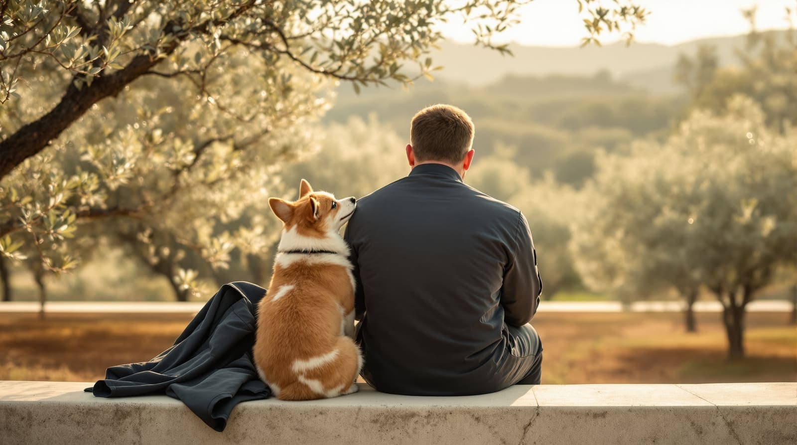 Illustration of a corgi sitting beside a man seen from behind on a garden bench in an olive grove, a dark jacket folded next to him.
