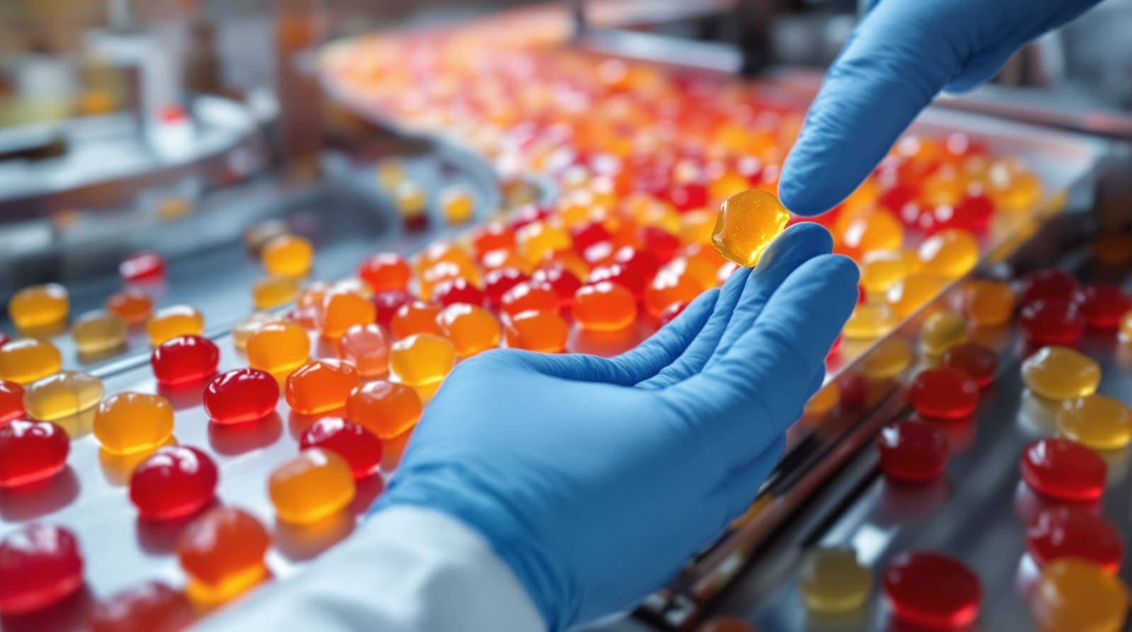 Illustration of colorful gummies on a stainless-steel production line with a gloved hand inspecting one.