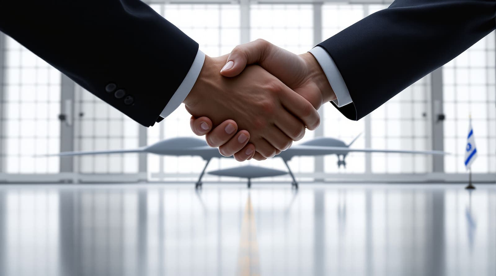 Illustration of a close handshake between two suited figures cropped at the frame's edge, with a drone prototype side-on and an Israeli flag in the soft-focus hangar behind.