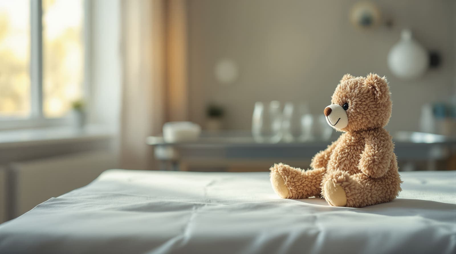 Illustration of a teddy bear sitting on an empty examination bed in a softly lit clinic, a medical tray blurred in the background.