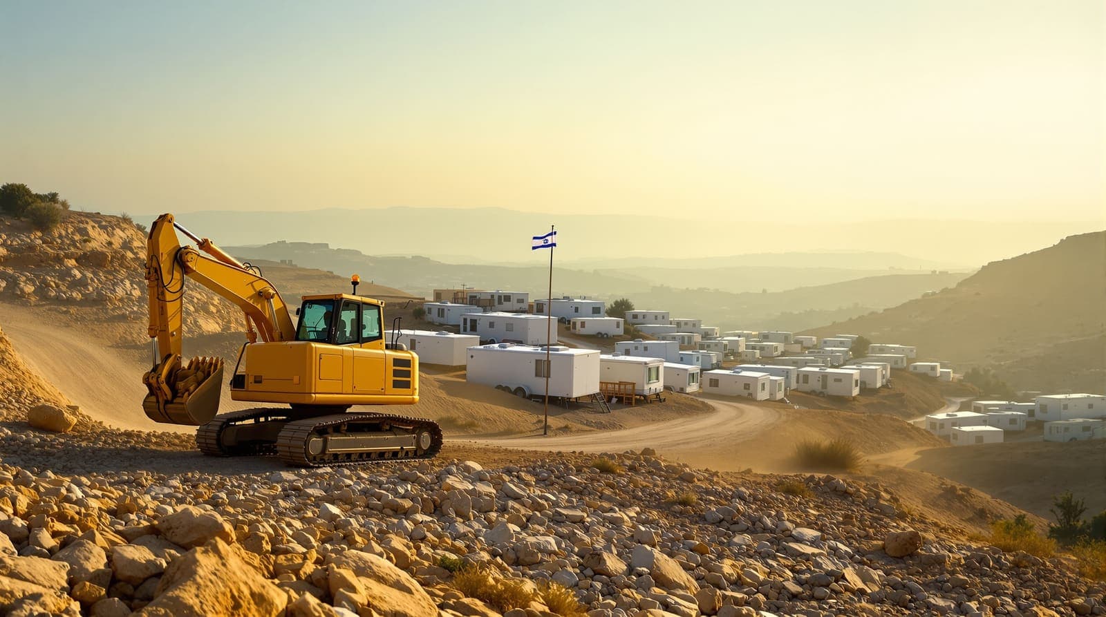 Illustration of an excavator parked beside hilltop outpost caravans flying an Israeli flag in the West Bank at dawn, evoking demolition orders and new outposts.