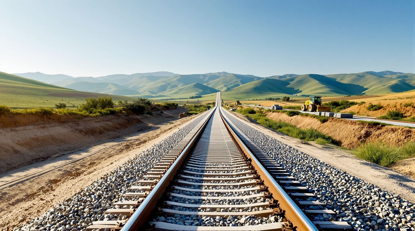 Illustration of a freshly graded railway corridor with new rails and stacked concrete sleepers curving through green Galilee hills, construction machines tiny in the distance.