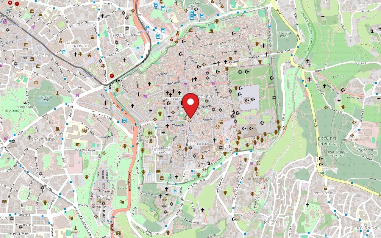 Map showing Arafat Hummus at Goldsmiths' Market (Souq al-Khawajat), at the corner of David Street, Old City, Jerusalem