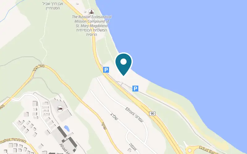 Map showing Bora Bora Beach at Gdud Barak Road, on the Tiberias to Migdal road (Route 90), Tiberias