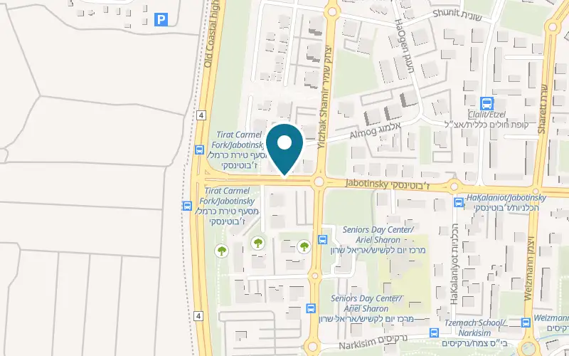Map showing Burekas Pninat HaIr at 62 Jabotinsky Street, Tirat Carmel