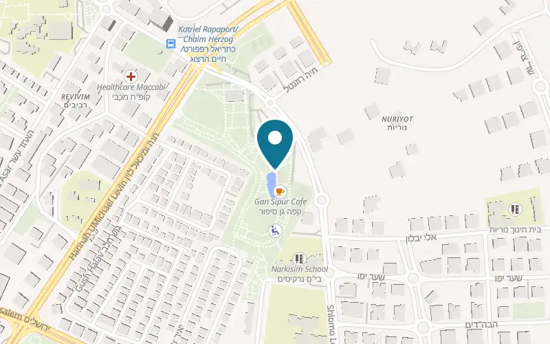 Map showing Cafe Gan Sipur, Gan BeIvrit at Hana and Michael Levin Street, in the Gan BeIvrit park, Rishon LeZion