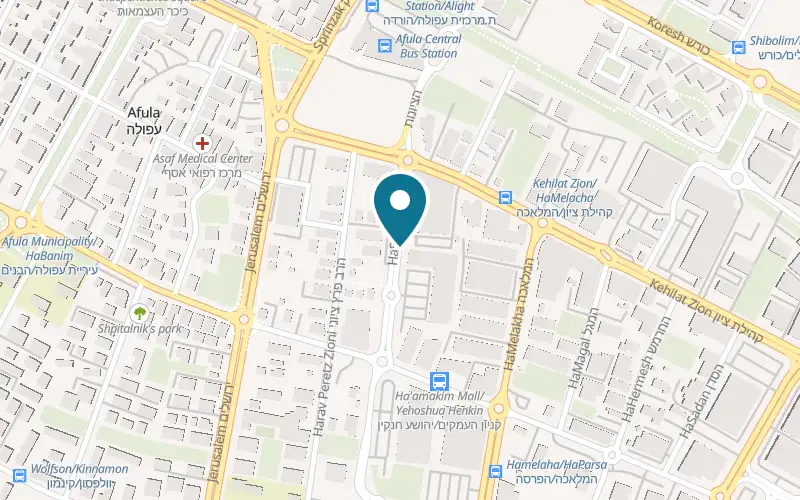 Map showing Cafe Greg at 13 HaShuk Street, Afula