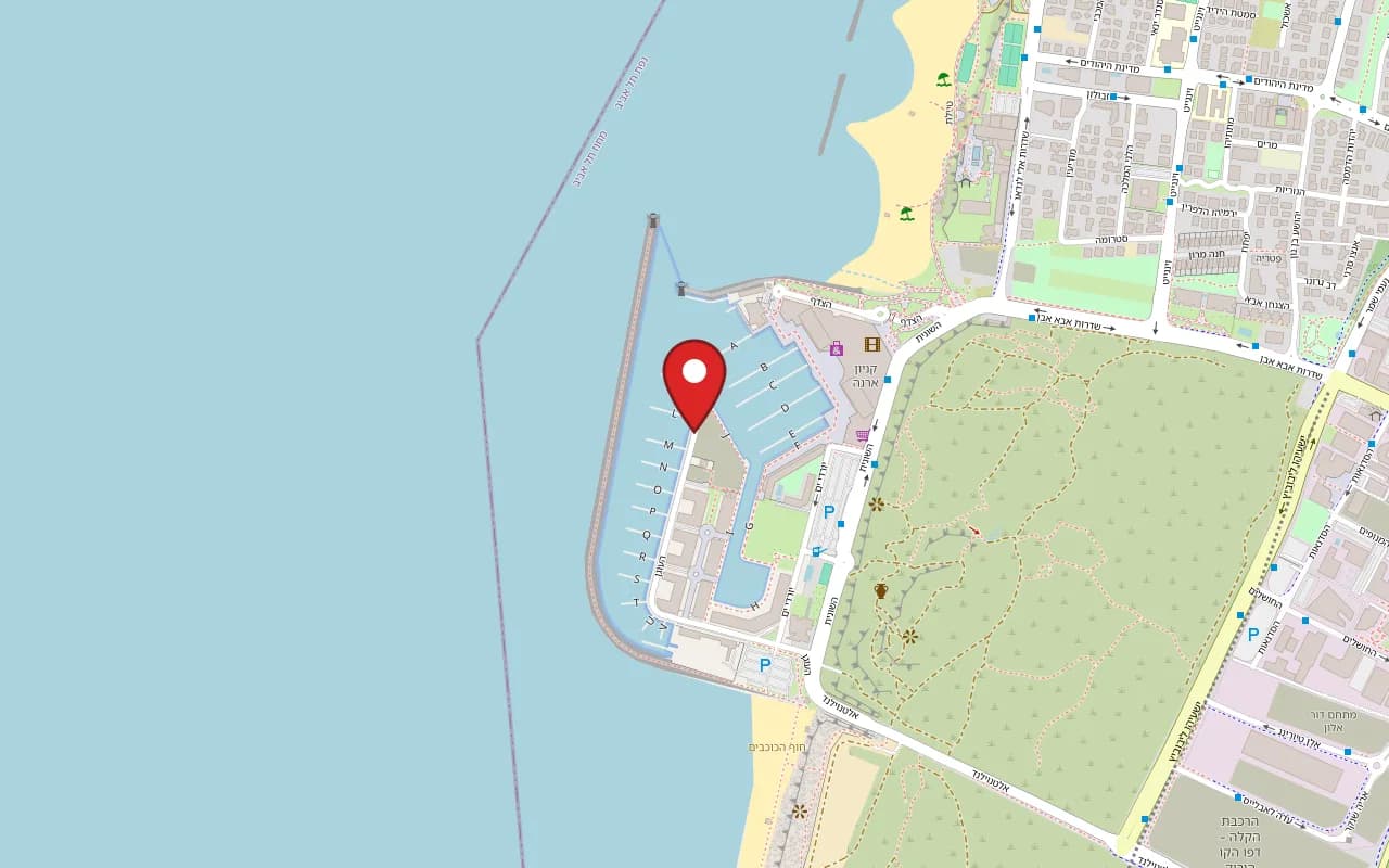 Map showing Club Marine at 13 HaOgen Street, at The Yacht hotel, Herzliya Marina, Herzliya