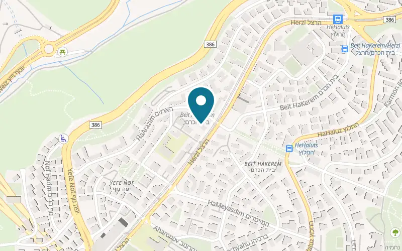 Map showing Cafe Denya Beit HaKerem at 102 Herzl Boulevard, Denya Square, Jerusalem