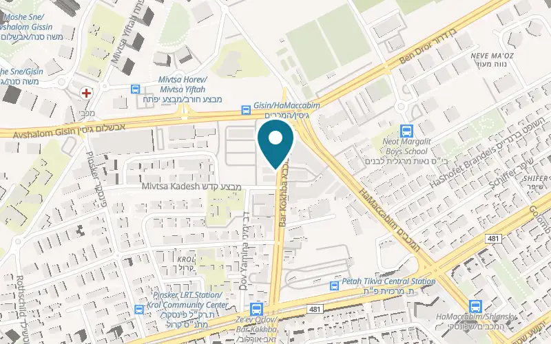 Map showing Em HaMoshavot Veterinary Center at 67 Bar Kokhba Street, Petah Tikva