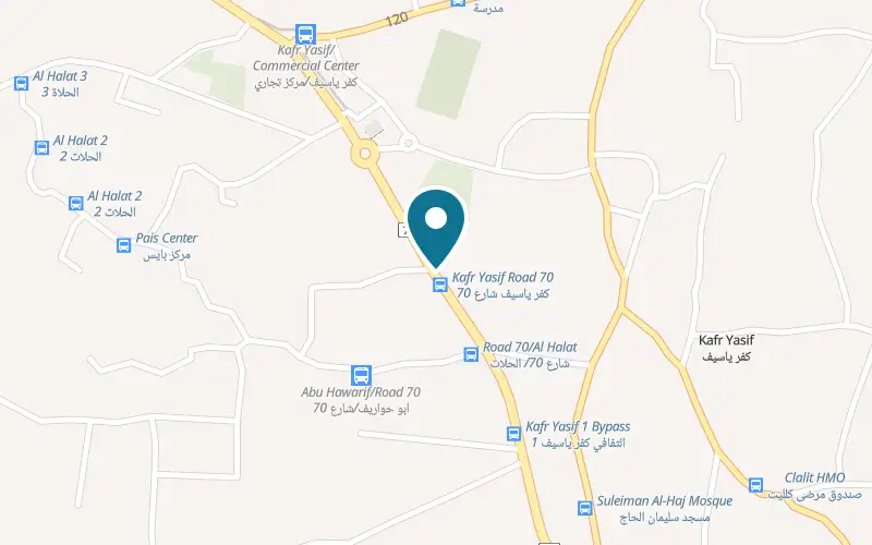 Map showing Frangelico Kafr Yasif at D Center, the main road, Kafr Yasif