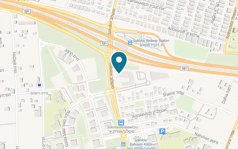 Map showing Grinberg Burger at 46 Sokolov Street, Kikar HaMoshava, Hod HaSharon