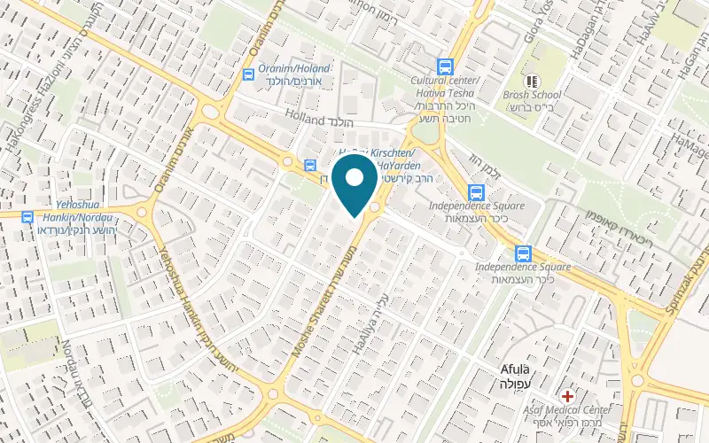 Map showing HaBarber at 11 Moshe Sharet Street, opposite the post office, Afula