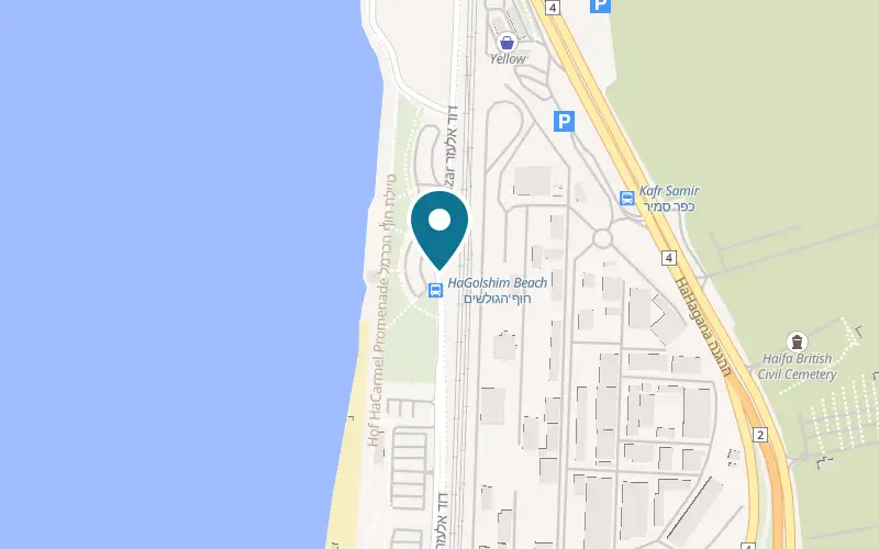 Map showing House of Nirvana at 10 David Elazar Street, on the seafront, Haifa
