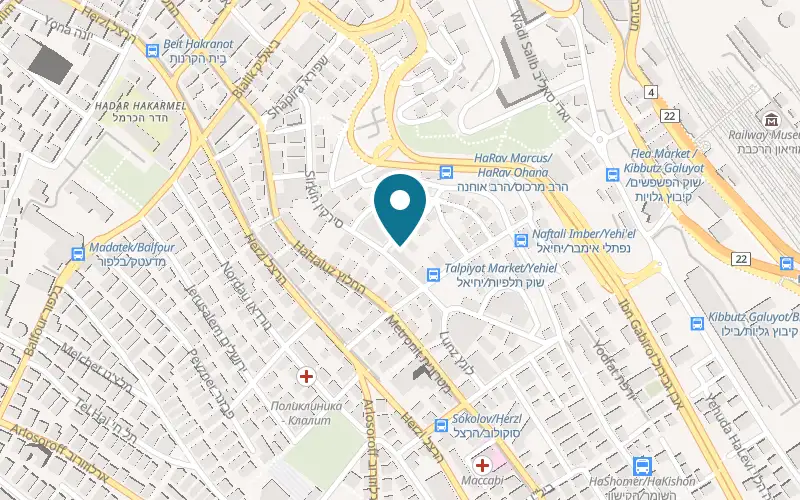 Map showing Hummus Bardichev Talpiot at 27 Sirkin Street, Talpiot Market, Haifa