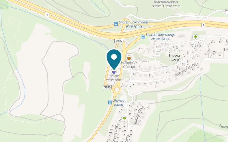 Map showing Hummus Eliyahu at Sho'eva 1, at the Paz filling station by Sho'eva junction, Sho'eva