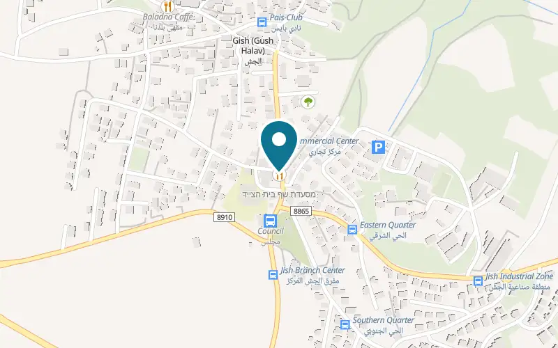 מפה: בית הצייד בבכניסה לכפר, ליד בניין המועצה, ג'ש (גוש חלב)