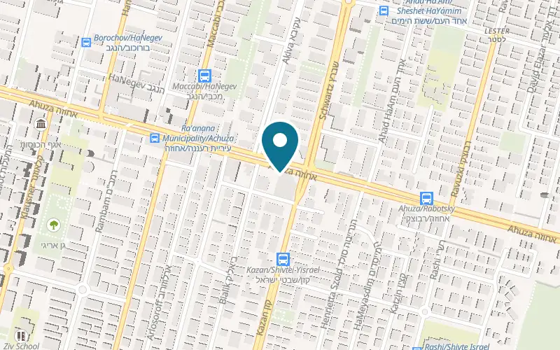 Map showing Kazan Brasserie at 71 Ahuza Street, corner of Kazan Street, Ra'anana