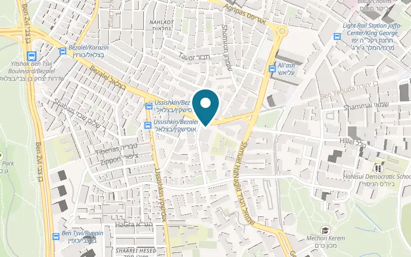 Map showing Kazze at 7 Bezalel Street, corner of Trumpeldor Street, Jerusalem