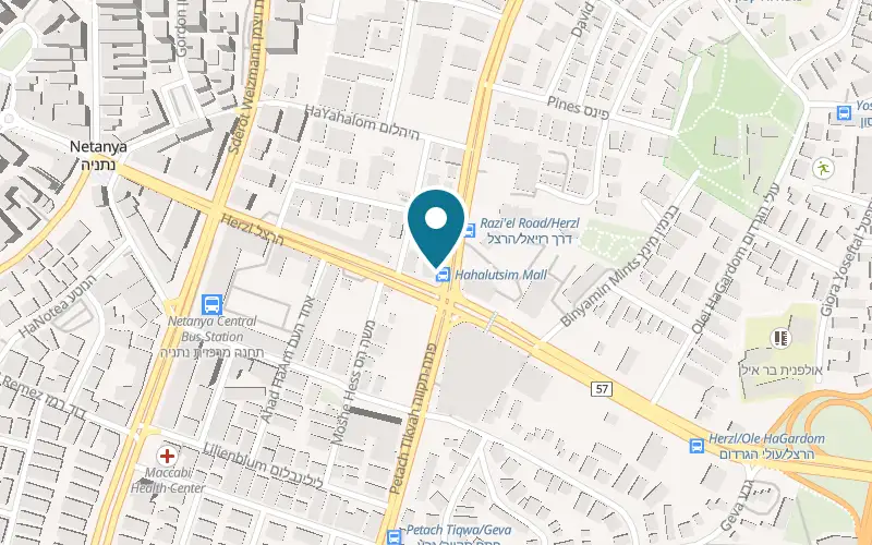 Map showing Keren Yarn and Fabrics at 53 Herzl Street, Netanya