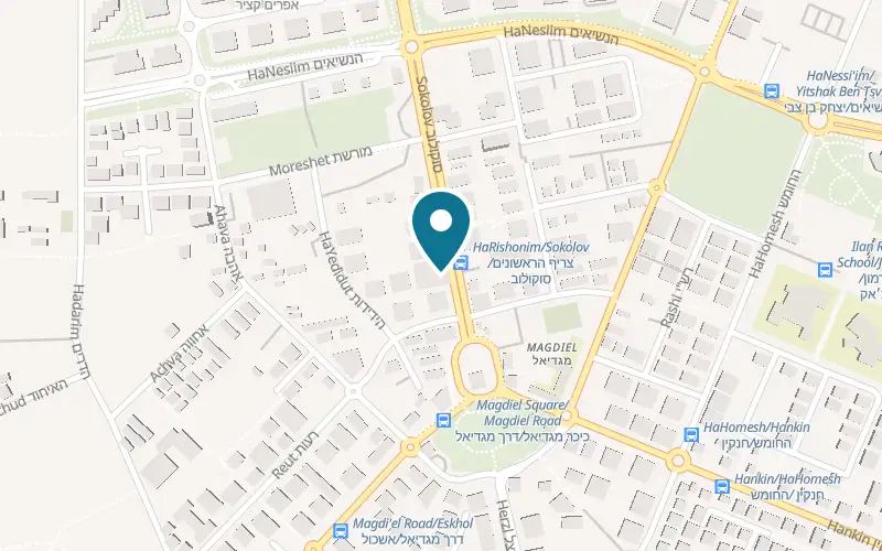 Map showing Lechem Artisan at 7 Sokolov Street, Magdiel, Hod HaSharon