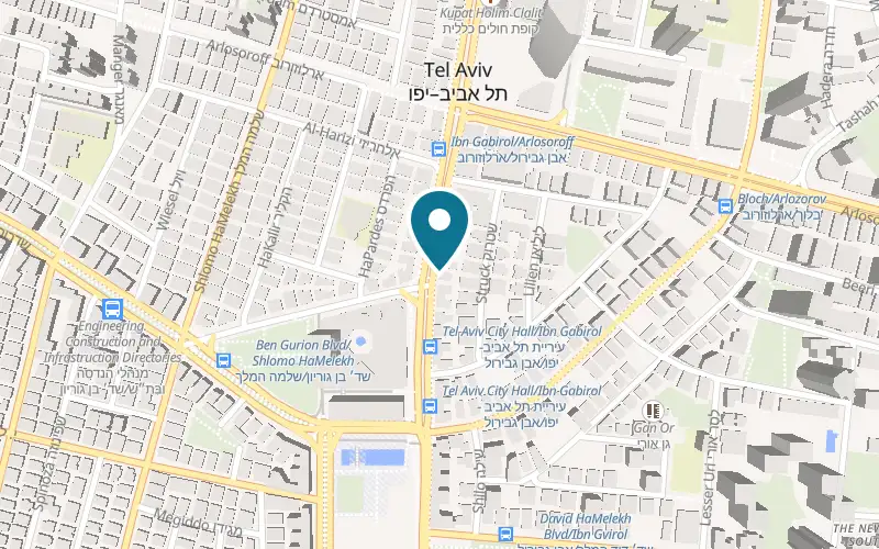 Map showing mae cafe Ibn Gabirol at 98 Ibn Gabirol Street, by Gan Ha'Ir and City Hall, Tel Aviv-Yafo