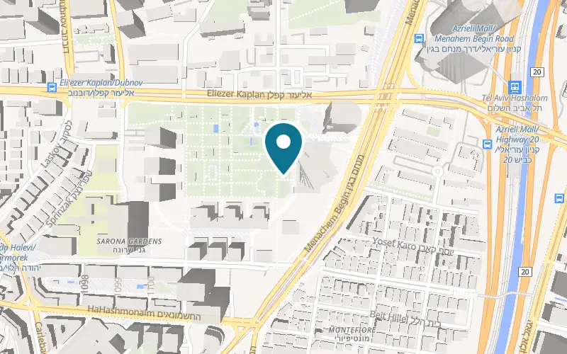 Map showing mae cafe Sarona at 17 Rav Aluf David Elazar Street, Sarona Park, in a pavilion by the rear entrance of the Azrieli Sarona tower, Tel Aviv-Yafo