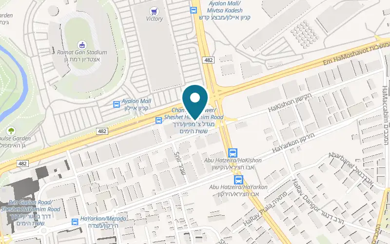 Map showing MerYam at LYFE Towers, 1 Derekh David Ben Gurion (lobby entrance also from 5 HaYarkon Street), Bnei Brak
