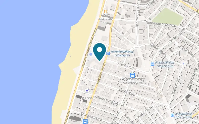 Map showing Miami Beach Hotel at 8 Allenby Street, corner of Herbert Samuel Street, Tel Aviv-Yafo