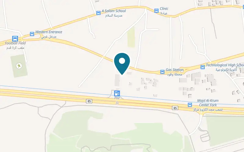 Map showing Mjdala at Route 85, by the Paz fuel station, Majd al-Krum