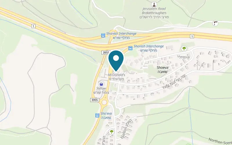 Map showing Nishnushim at HaMeyasdim Street, the commercial centre at Shoresh junction, Sho'eva
