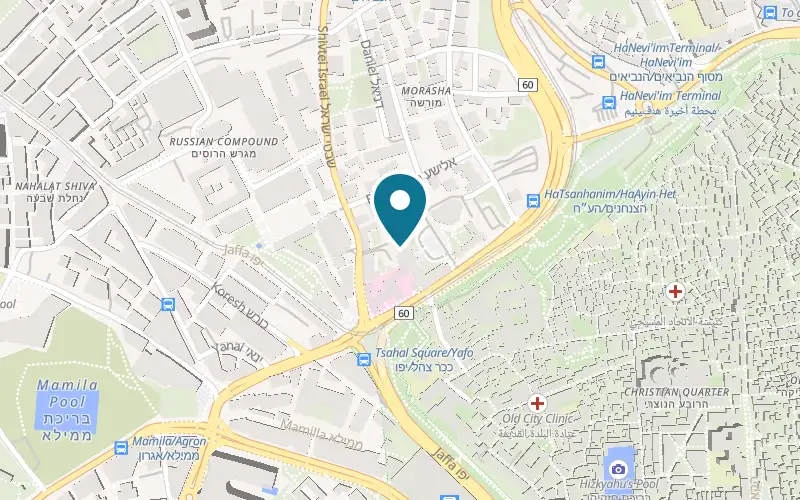 Map showing Notre Dame Bistro at Notre Dame of Jerusalem Center, 3 HaTsanhanim Street, ground floor, Jerusalem