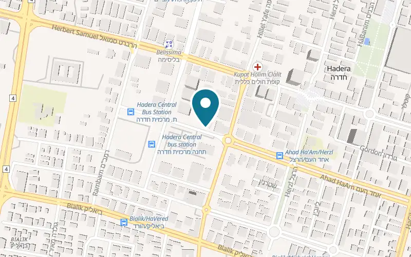 Map showing Nunu at 7 Ahad Ha'Am Street, corner of Sheshet HaYamim, opposite the central bus station, Hadera