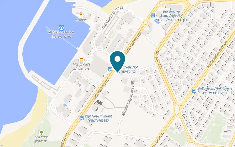 Map showing OM Café at 32 Yefe Nof Street, the Marina branch of Oren Meshi, Ashkelon