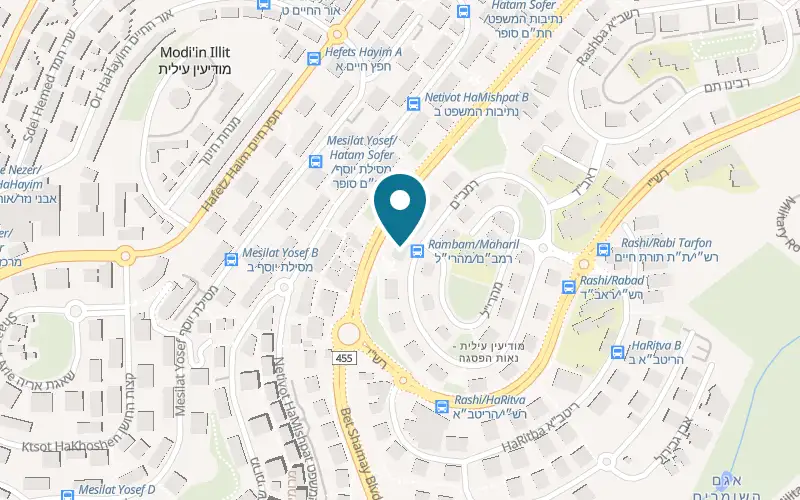 Map showing Pizza Paz at 14 Rambam Street, Modi'in Illit