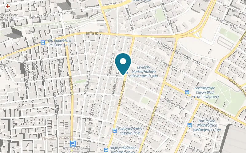 Map showing Puni Bakery at 24 HaAliya Street, corner of Matalon Street, Tel Aviv-Yafo