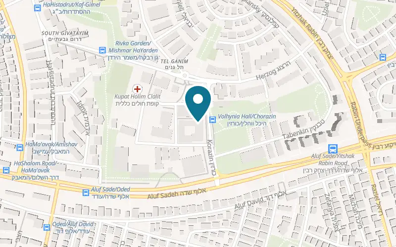 Map showing Ronen Aflalo Chocolatier at 5 Korazin Street, unit 330, north entrance, Givatayim
