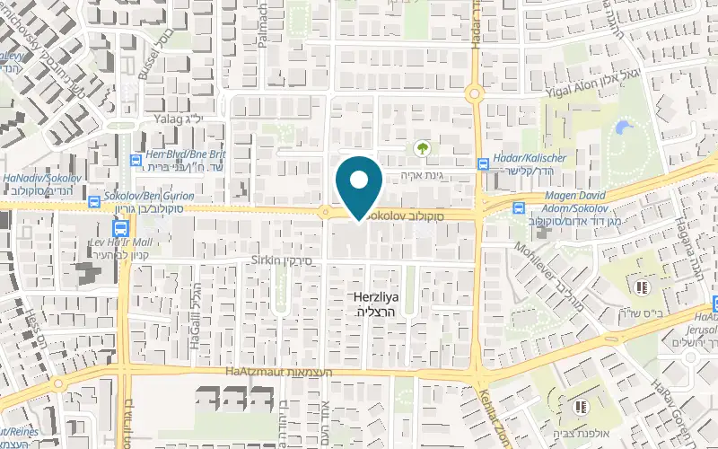 Map showing Space Herzliya at 58 Sokolov Street, beside the municipal library, Herzliya