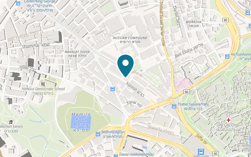 Map showing The Post Hostel at 23 Jaffa Street, entrance from 3 Koresh Street, Jerusalem