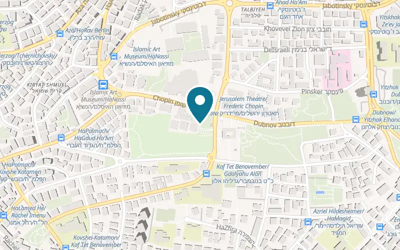 Map showing Theatron Jerusalem Hotel & Spa at 16 Chopin Street, across the footbridge from the Jerusalem Theatre, Jerusalem