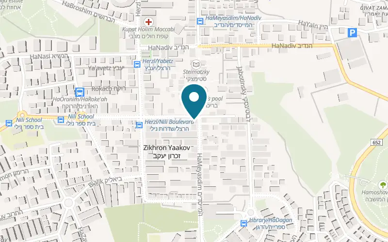 Map showing Tishbi at 33 HaMeyasdim Street, at the entrance to the pedestrian street, Zichron Yaakov