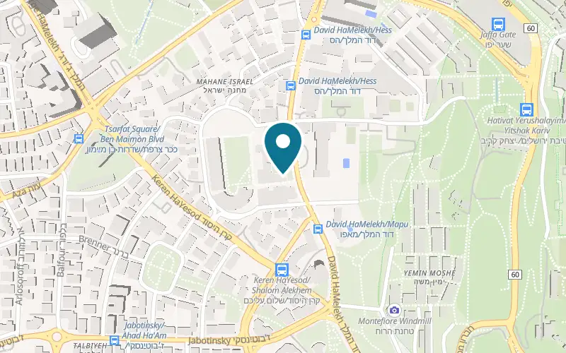 Map showing YMCA Three Arches Hotel at 26 King David Street, Jerusalem