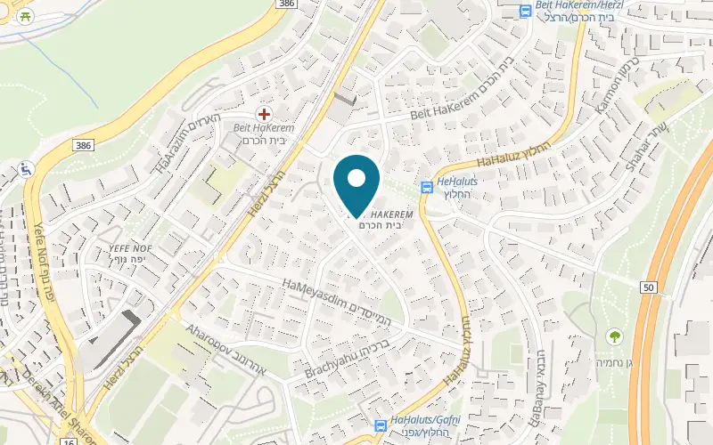 Map showing Yoga BaKerem at 7 Natan Shalem Street, Beit HaKerem, Jerusalem