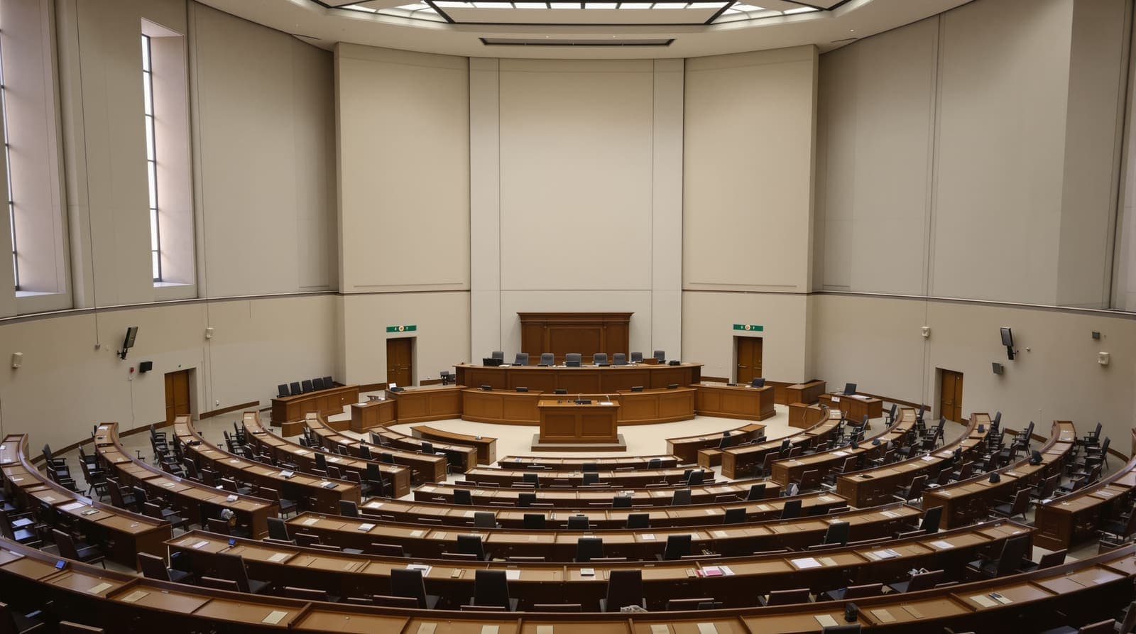 Illustration of an empty legislative chamber in Ramallah seen from the public gallery, rows of vacant desks under soft morning light.