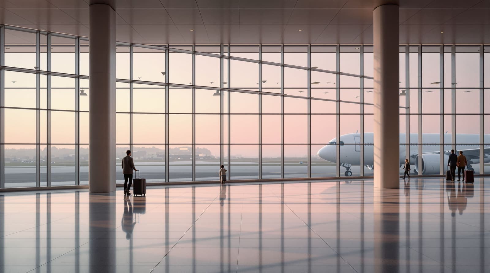 Illustration of a quiet airport departure hall at dawn with a parked airliner beyond tall windows and a few distant travellers.