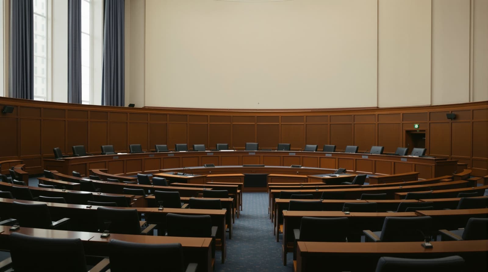 Illustration of an empty congressional hearing room in Washington seen from the rear seating in soft daylight.