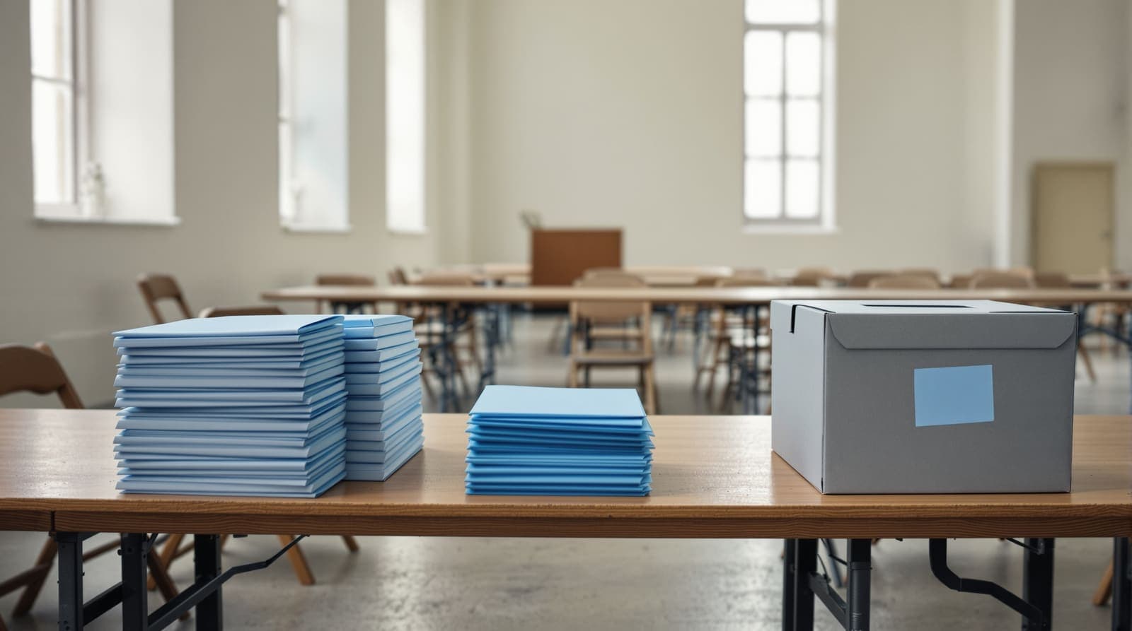 Illustration of stacks of plain ballot envelopes set aside on a counting table in an empty hall with limestone walls