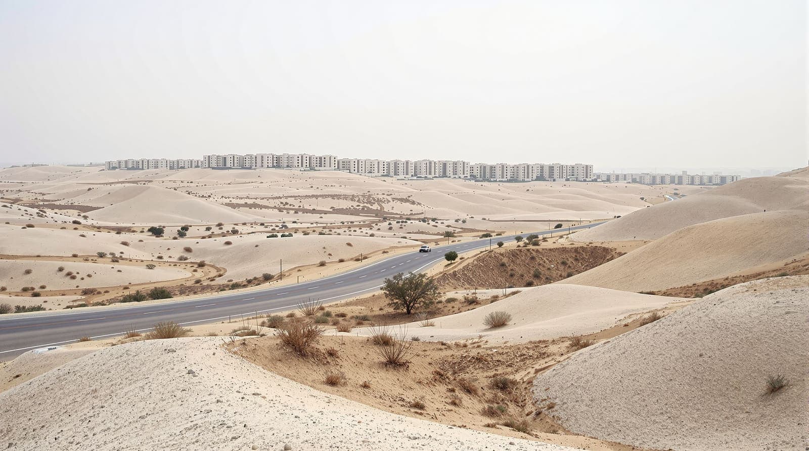 Illustration of open hills between Jerusalem and Ma'ale Adumim at dawn, with an empty road and distant limestone apartment blocks on a ridge.