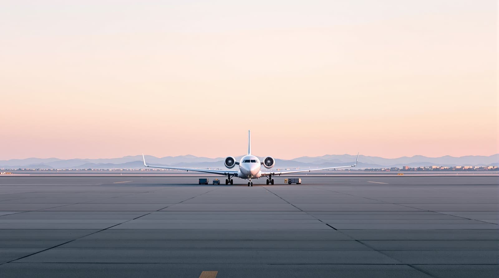 Illustration of a white airliner parked alone on a quiet remote airport apron at dawn with hazy mountains behind