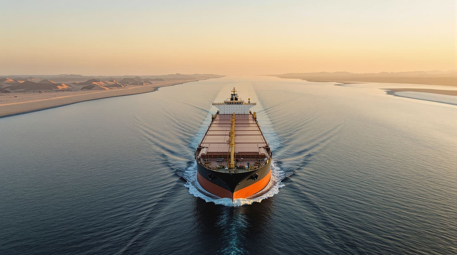 Illustration of a laden oil tanker moving through a narrow Gulf shipping channel at dawn between hazy arid shorelines.